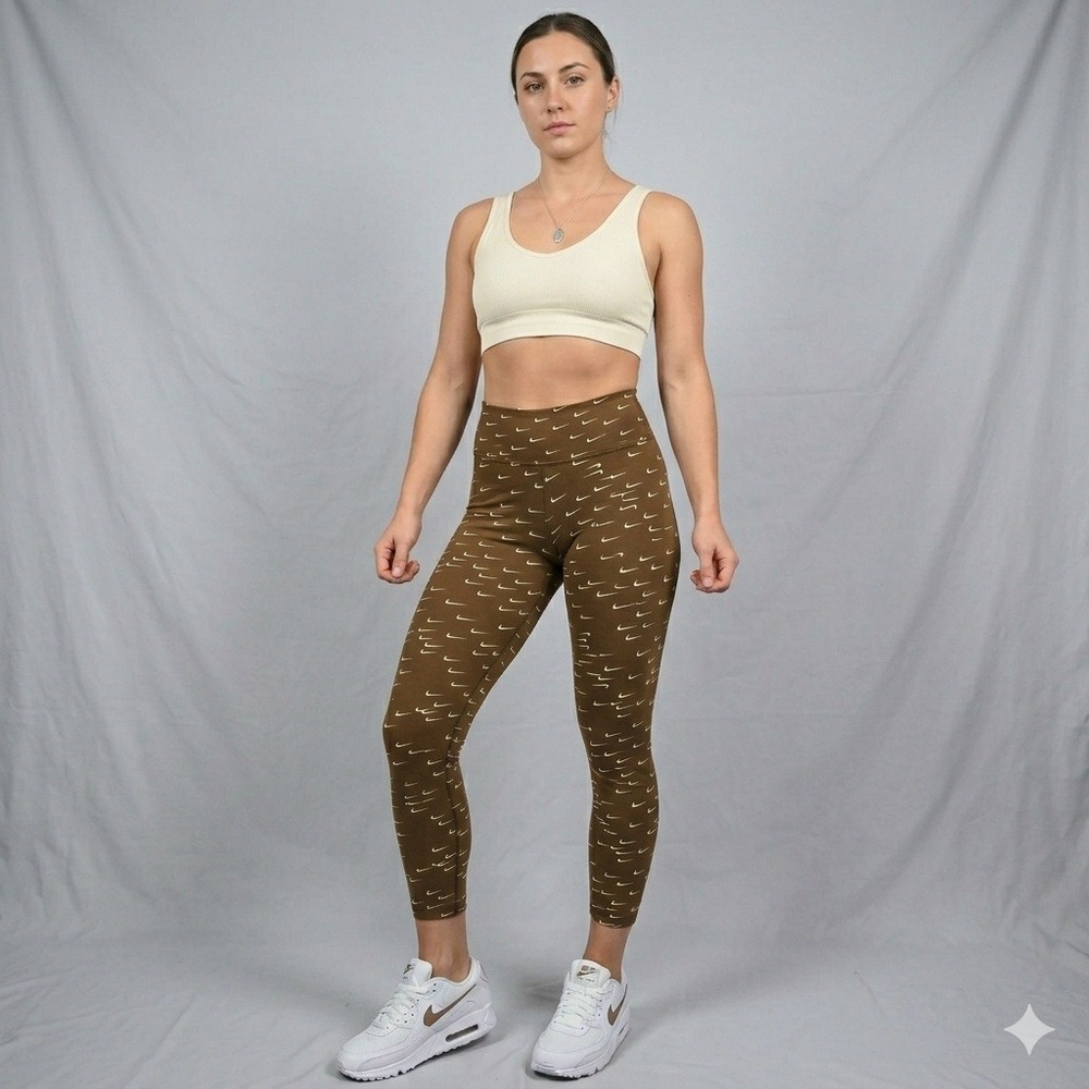 Nike Womens Sportswear Leggings Brown All Over Mini Swoosh Print High Rise Small